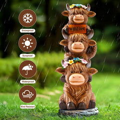 Back view of the twinbling Highland Cow Statue in a garden setting