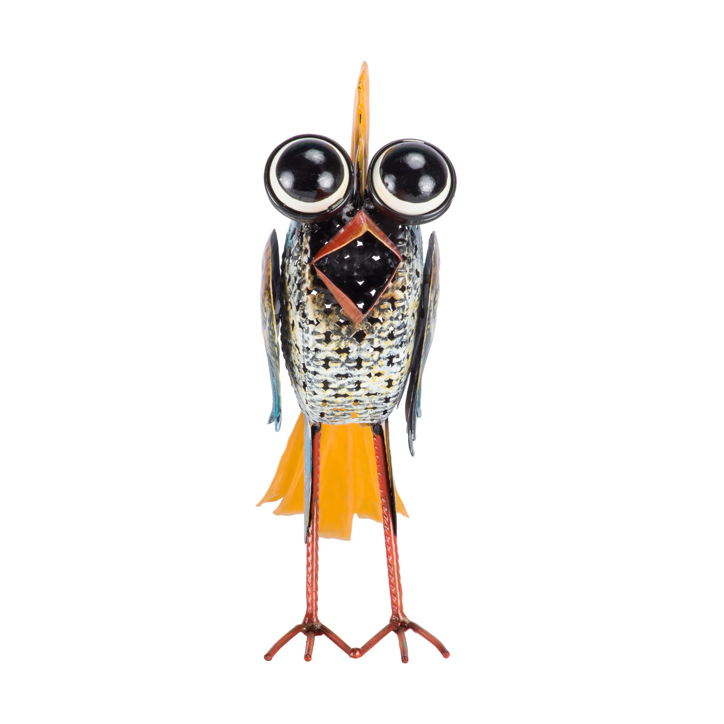 Back view of the whimsical metal bird yard statue