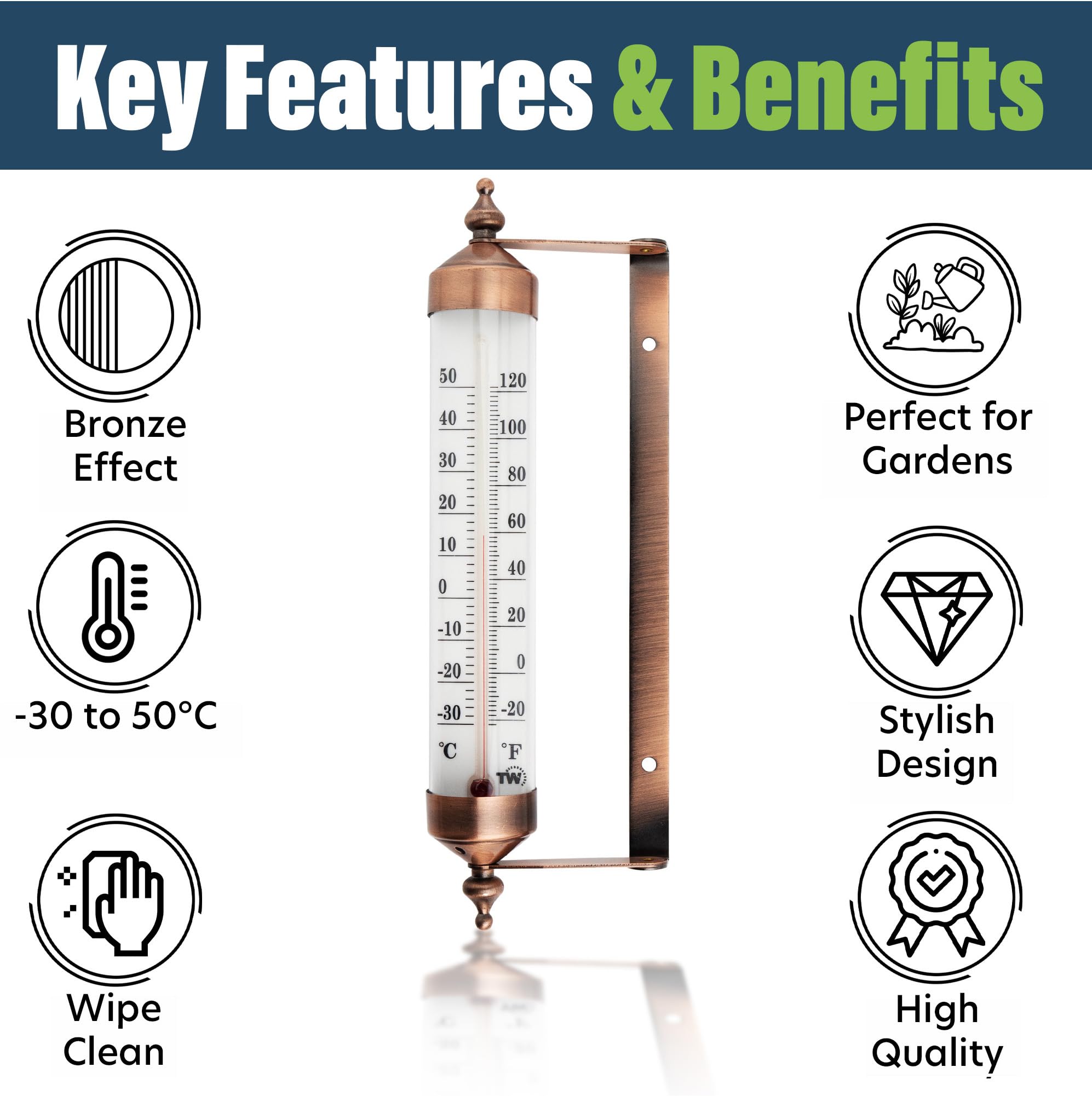 Back view of Thermometer World Bronze Effect Outdoor Thermometer