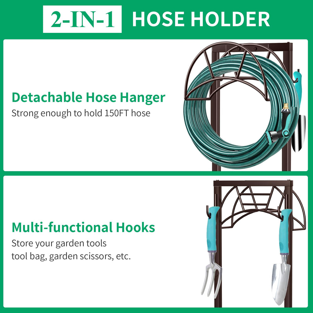 Back view of TomCare Garden Hose Holder showing tool hooks