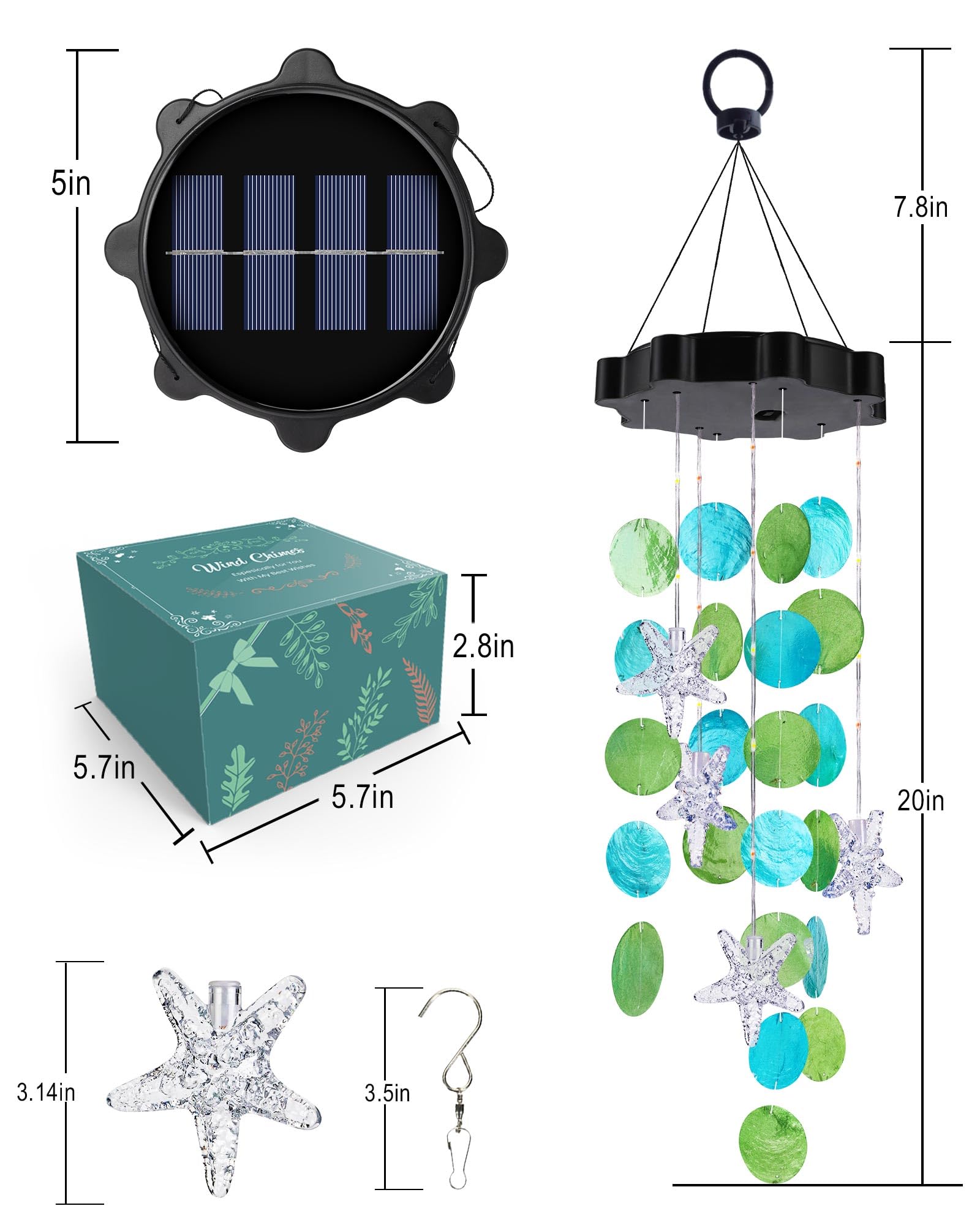 Back view of Toodour Solar Wind Chimes showing solar panel