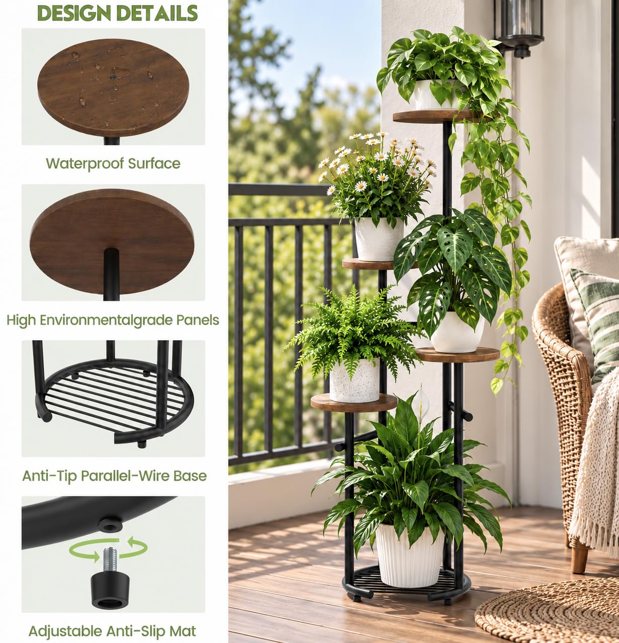 Back view of TOSKING 5-Tier Round Wood Corner Plant Stand
