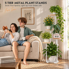 Back view of TOSKING 5-Tier Round Wood Corner Plant Stand with adjustable feet