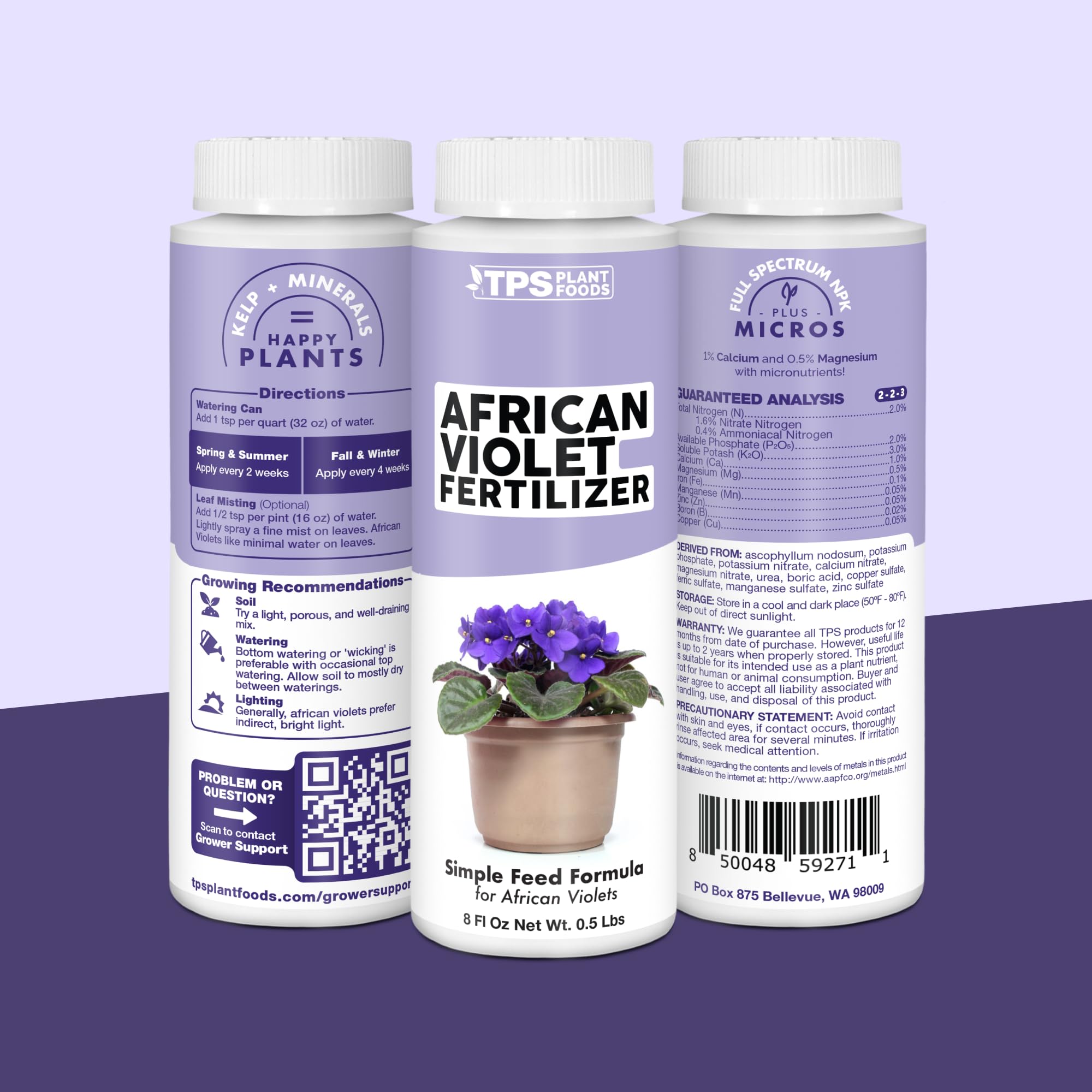 Back view of TPS NUTRIENTS African Violet Fertilizer bottle