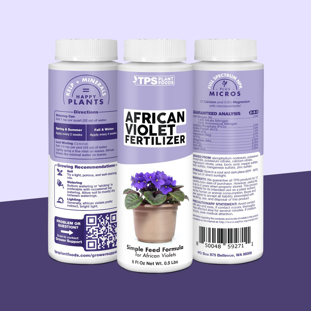 Back view of TPS NUTRIENTS African Violet Fertilizer bottle