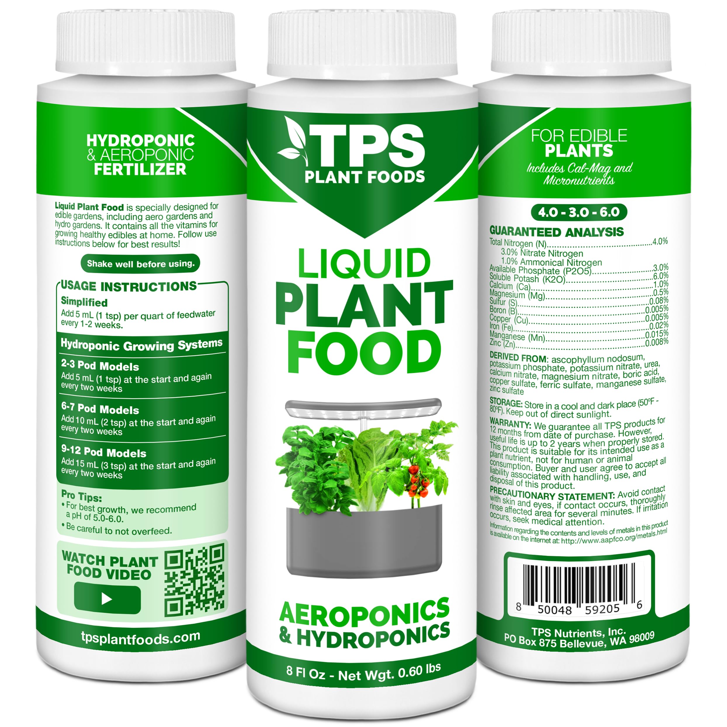 Back view of TPS NUTRIENTS Liquid Plant Food packaging
