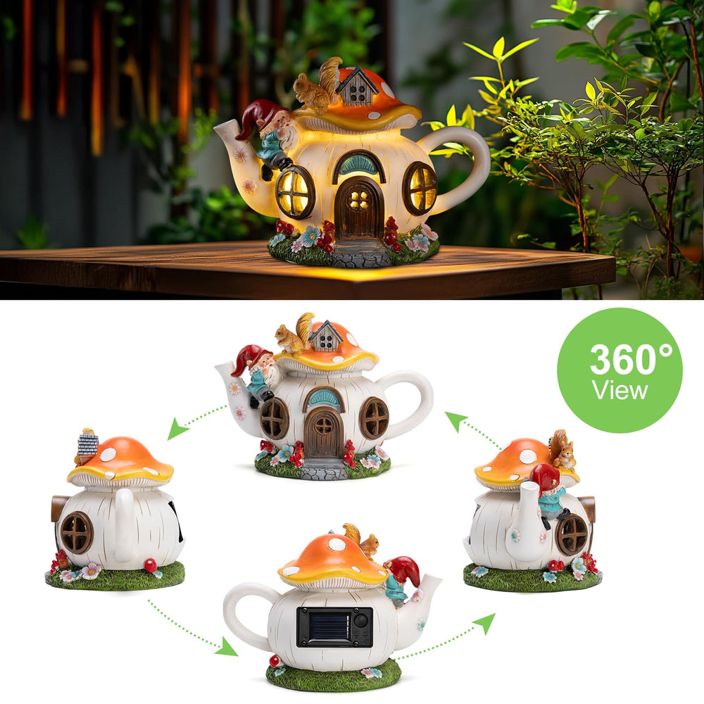 Back view of twinbling Solar Fairy House Garden Statue in outdoor setting
