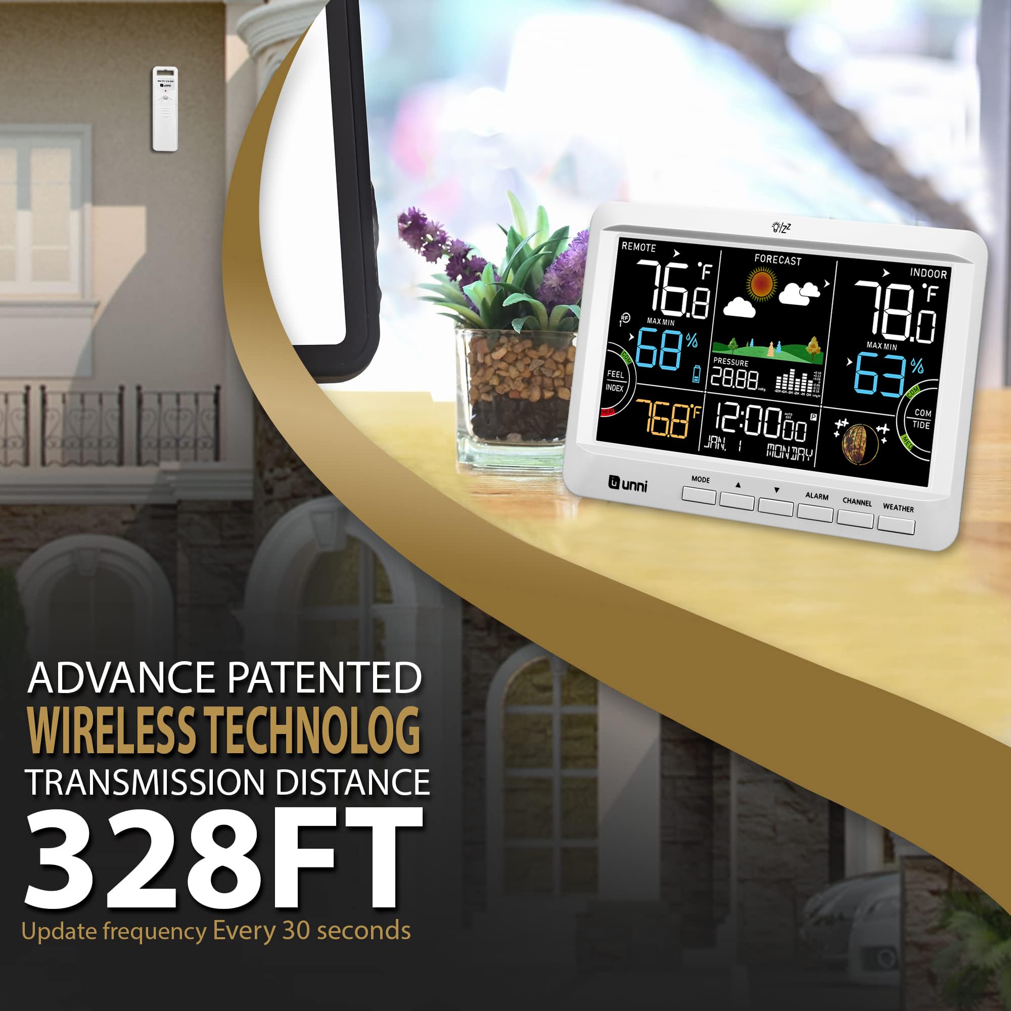 Back view of U UNNI Weather Station with wireless sensor