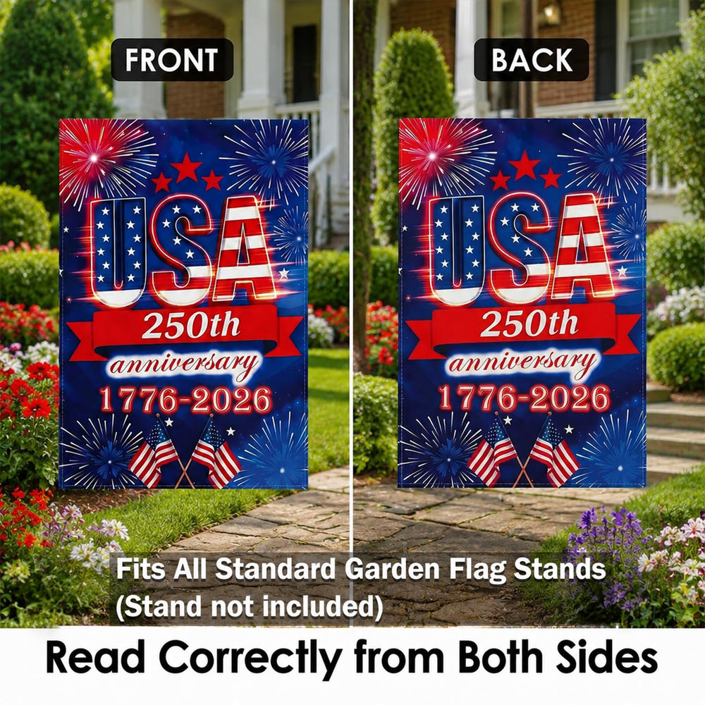 Back view of UIMIU 250th Anniversary Garden Flag showing double-sided construction