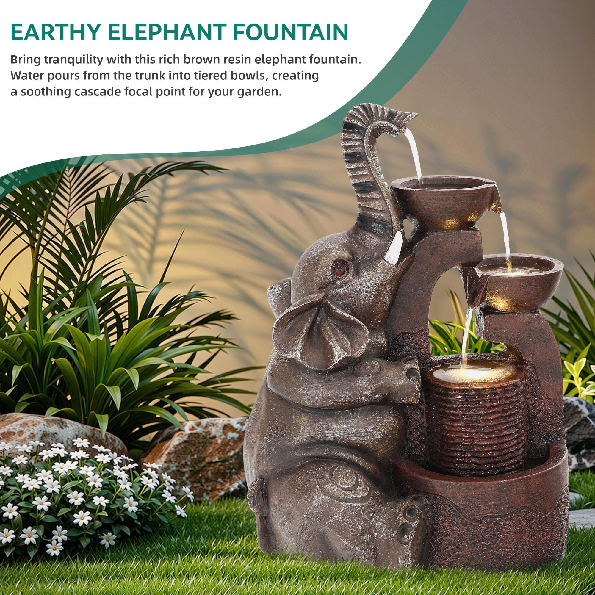 Back view of Ultym Elephant Fountain highlighting water flow