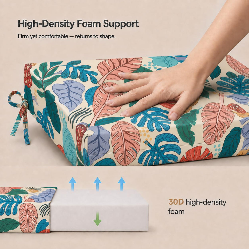 Back view of UNIKOME outdoor chair cushions showing strap design