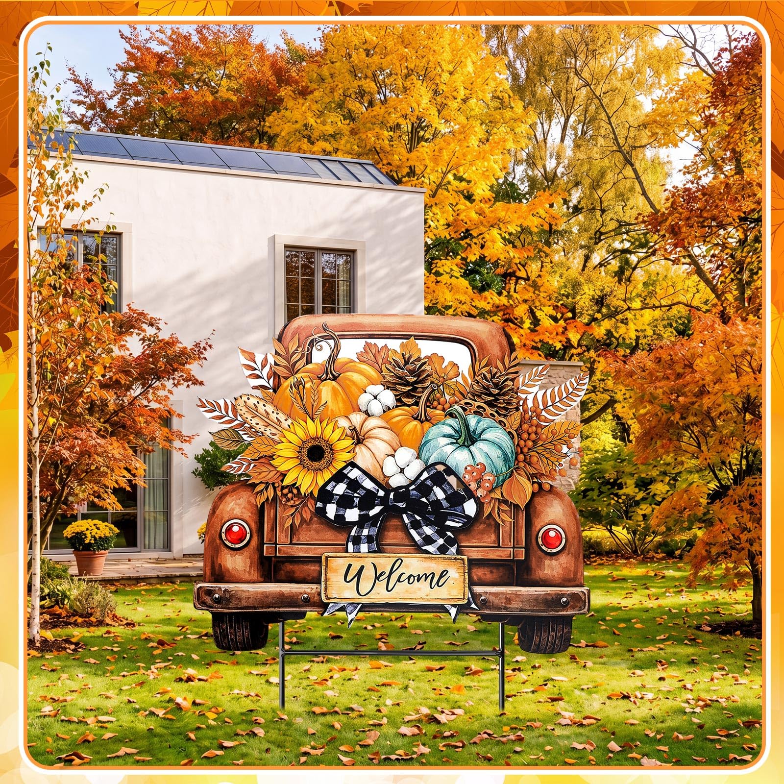 Back view of Weysat Pumpkin Truck Yard Sign with H-shaped stand