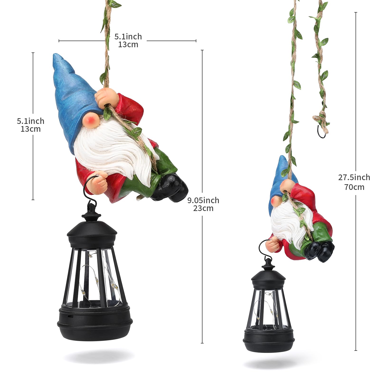 Back view of WONDHOME Solar Hanging Gnome Statue in garden