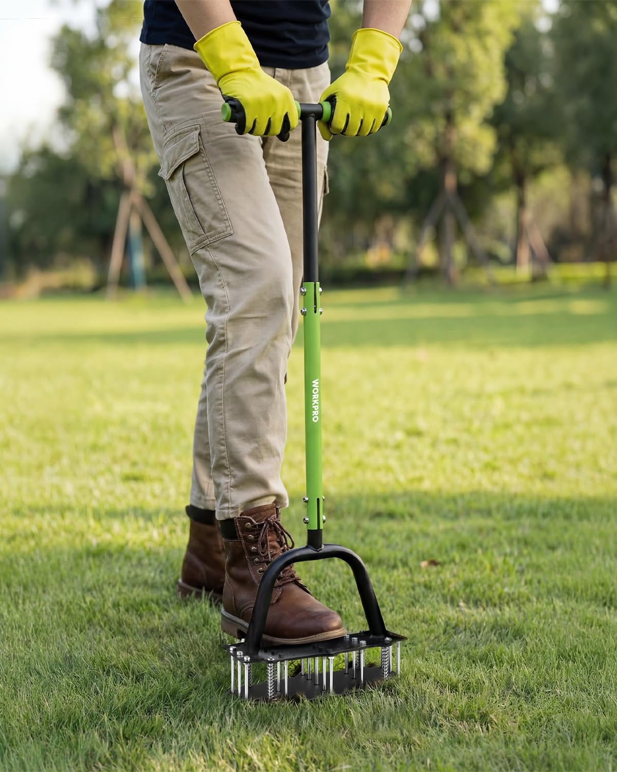 Back view of WORKPRO Lawn Aerator showing T-handle