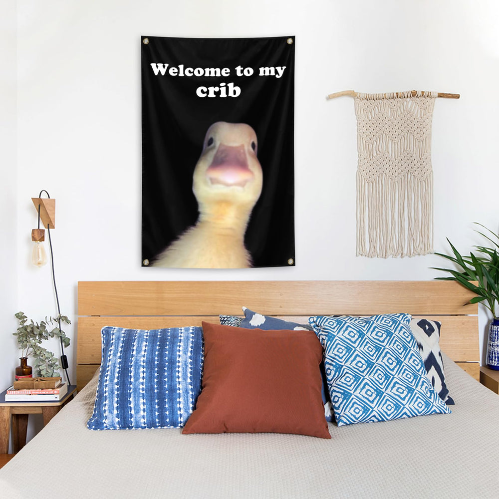 Back view of XEODE Welcome to My Crib Flag