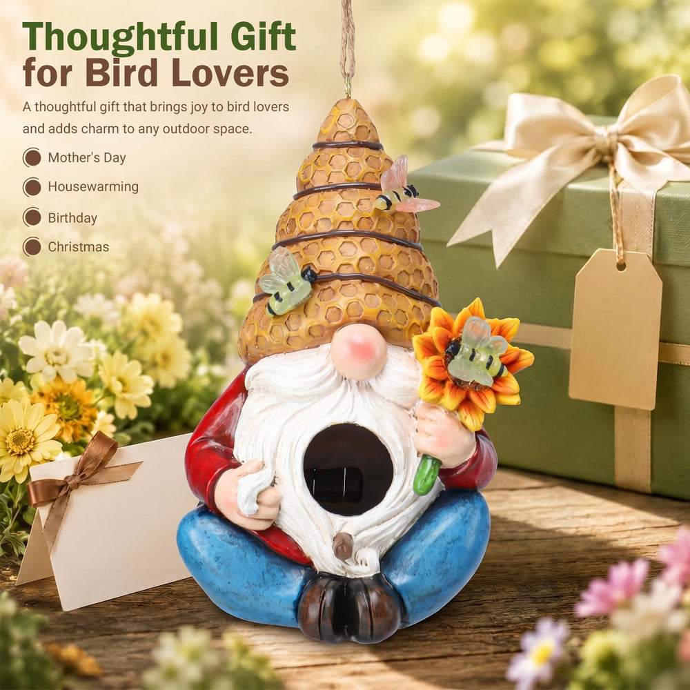 Back view of Yinns Decorative Hanging Solar Gnome Birdhouse