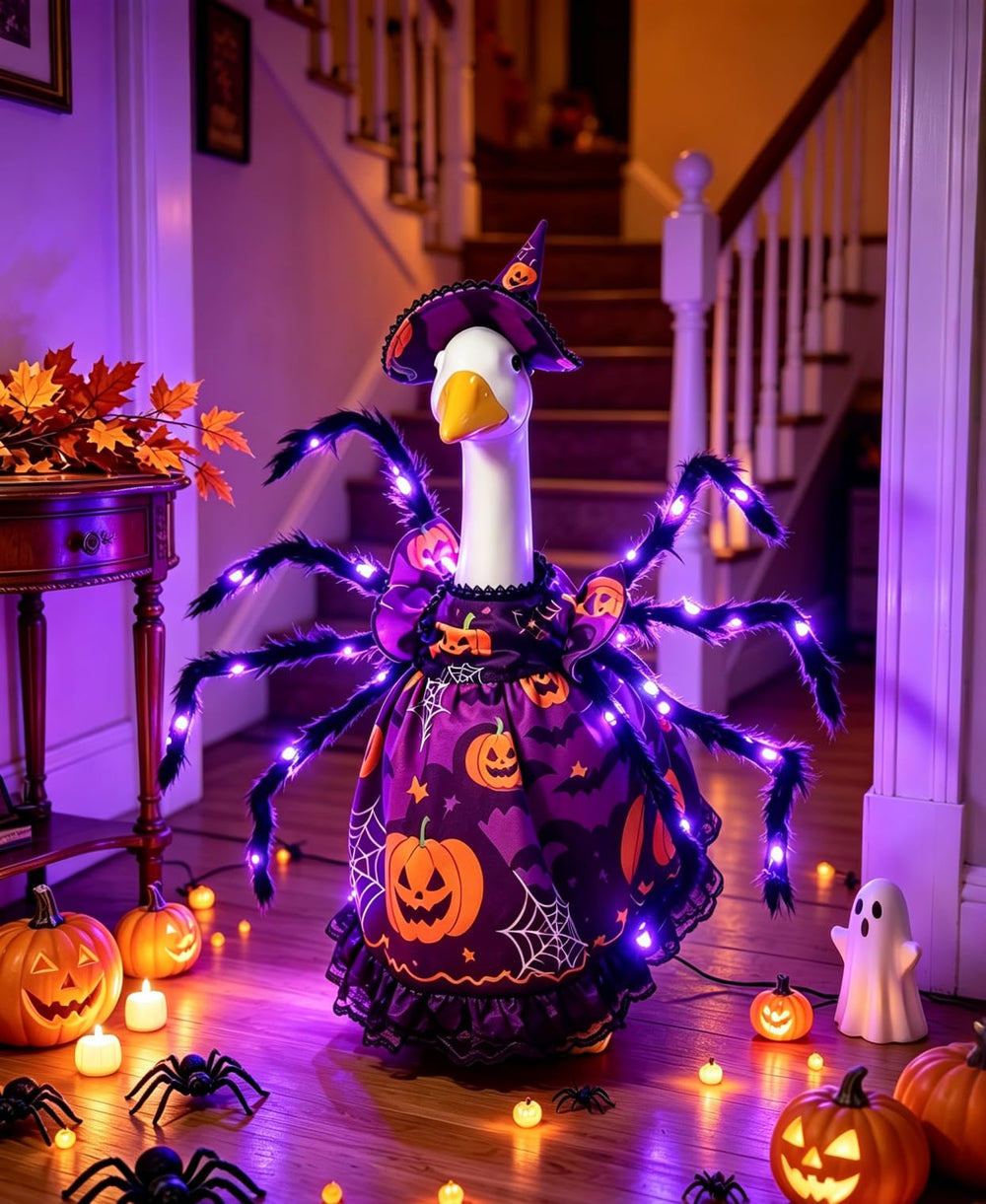 Back view of ZHZHLED Porch Goose Halloween Outfit with spider on the back