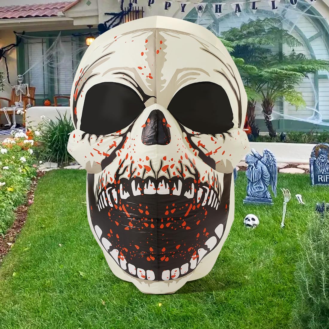 Back view showing the fan of GOOSH inflatable Halloween skull