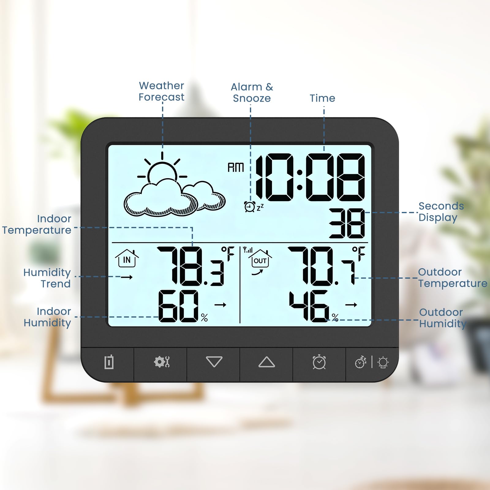 Backlit display of Wireless Indoor Outdoor Thermometer in use