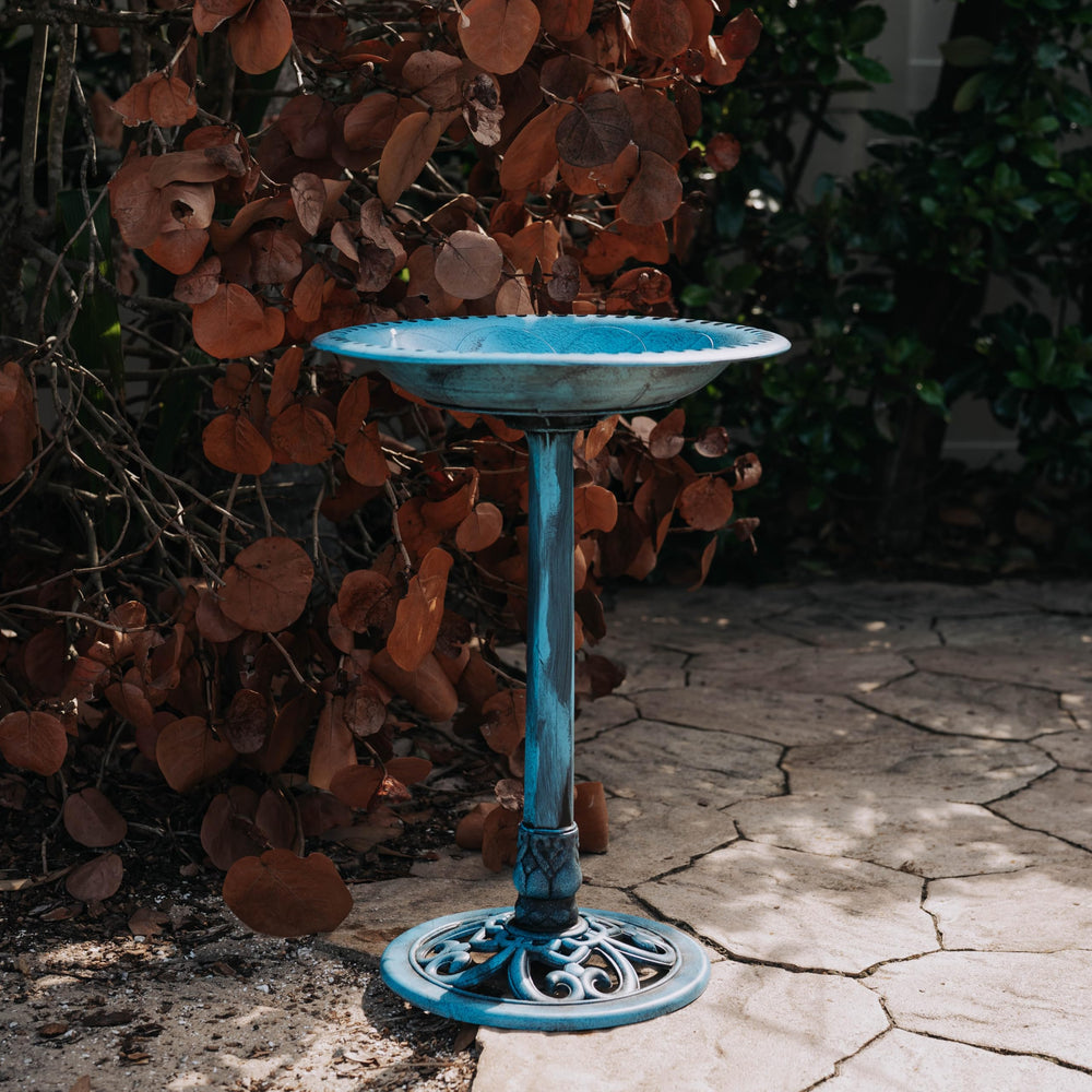 BACKYARD EXPRESSIONS Blue Bird Bath in garden setting with birds