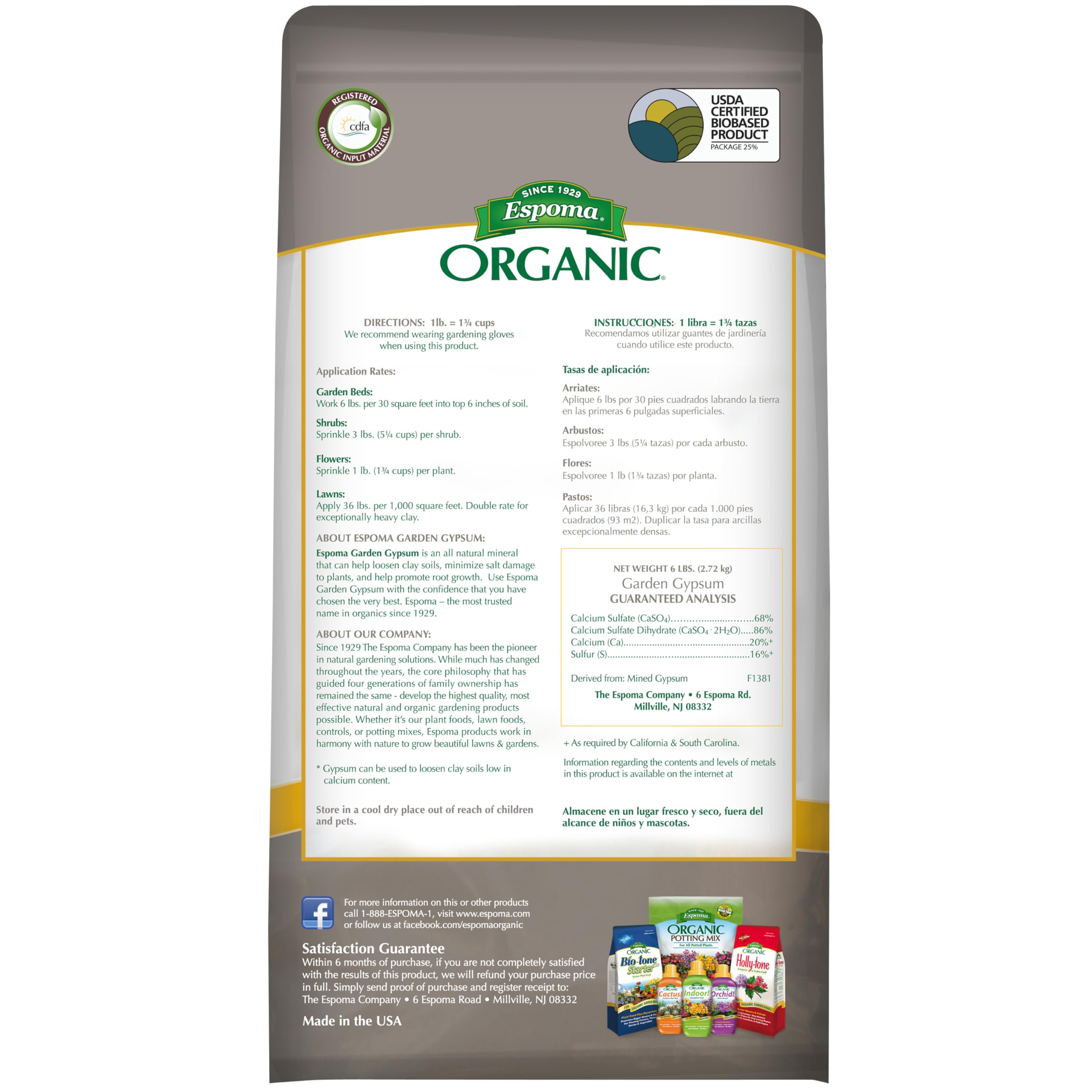 Bag of Espoma Organic Garden Gypsum Soil Conditioner with granules visible