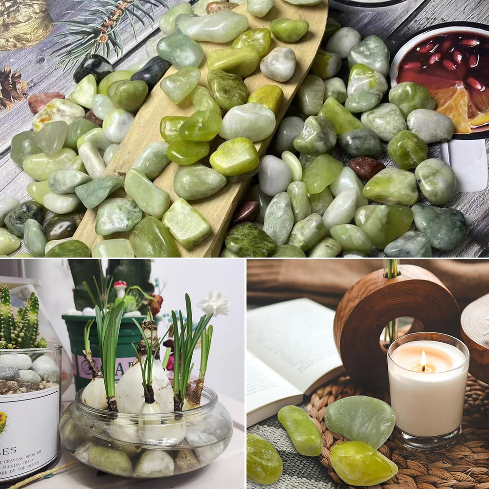 Bag of YISZM jade pebbles with dimensions shown