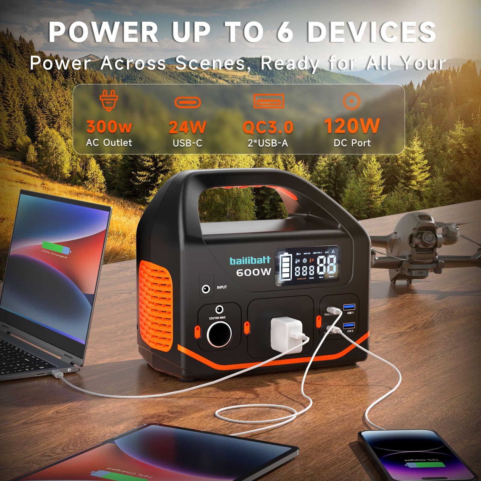 bailibatt Portable Power Station side view with multiple ports