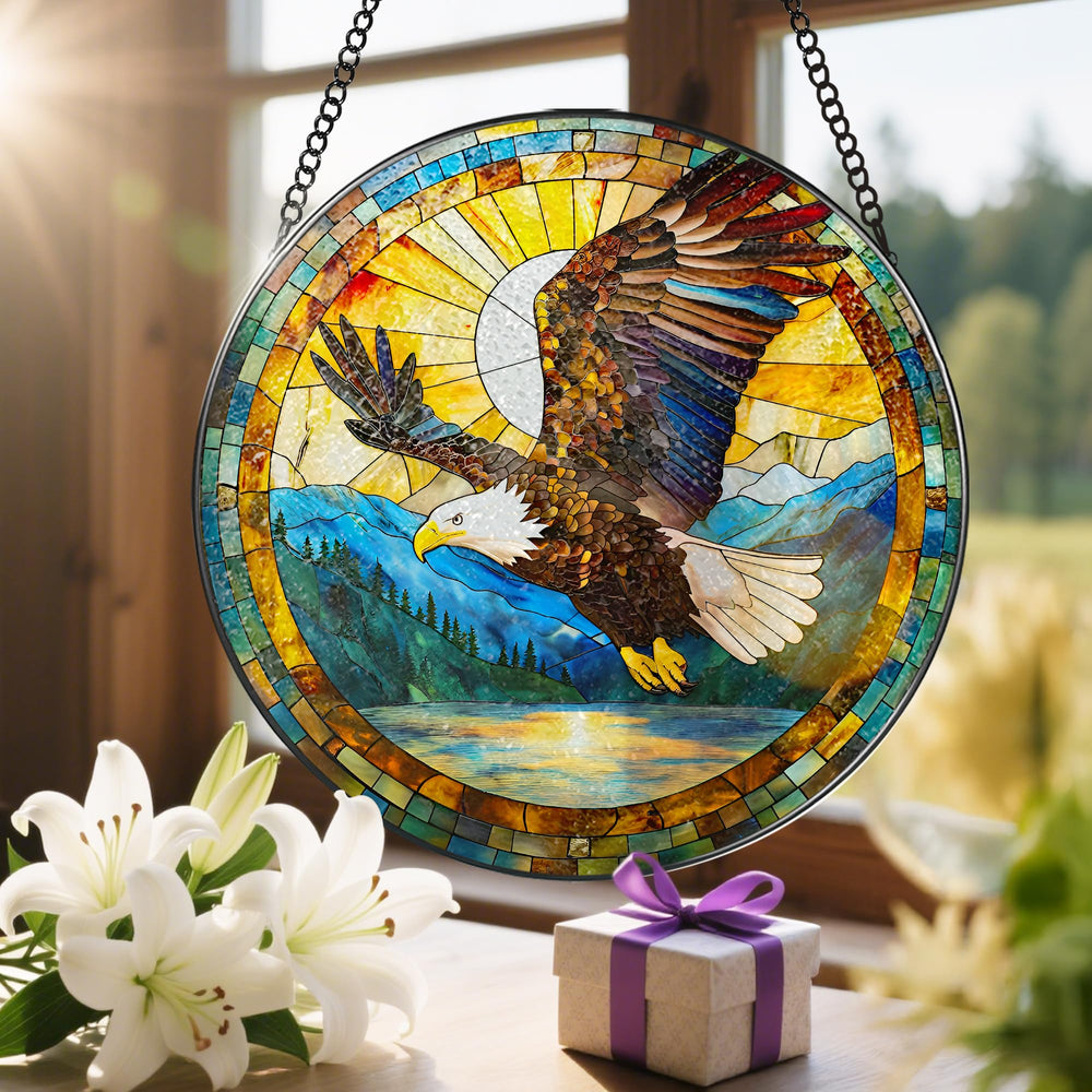 Bald Eagle stained glass suncatcher displayed in a garden