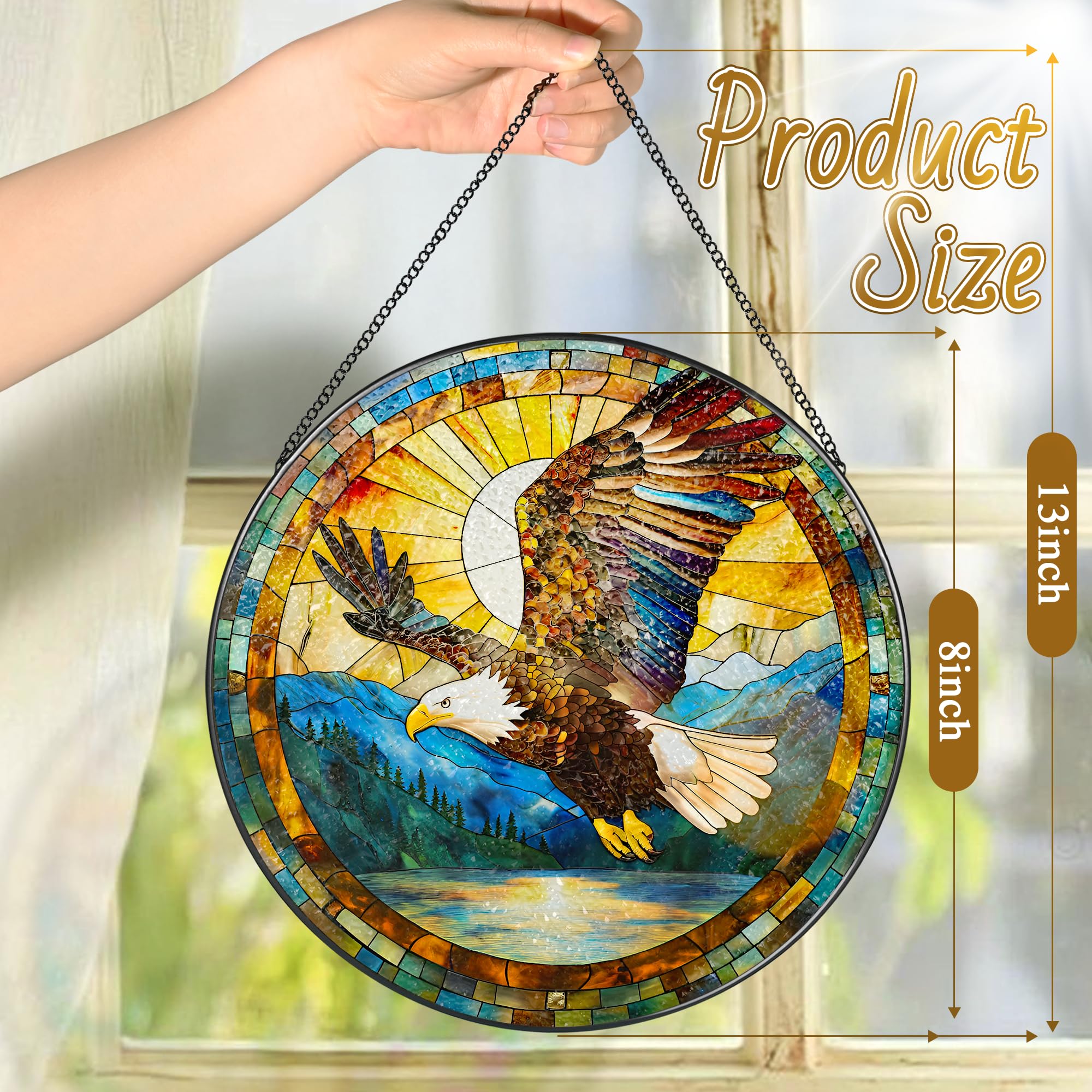 Bald Eagle suncatcher with black metal frame and chain