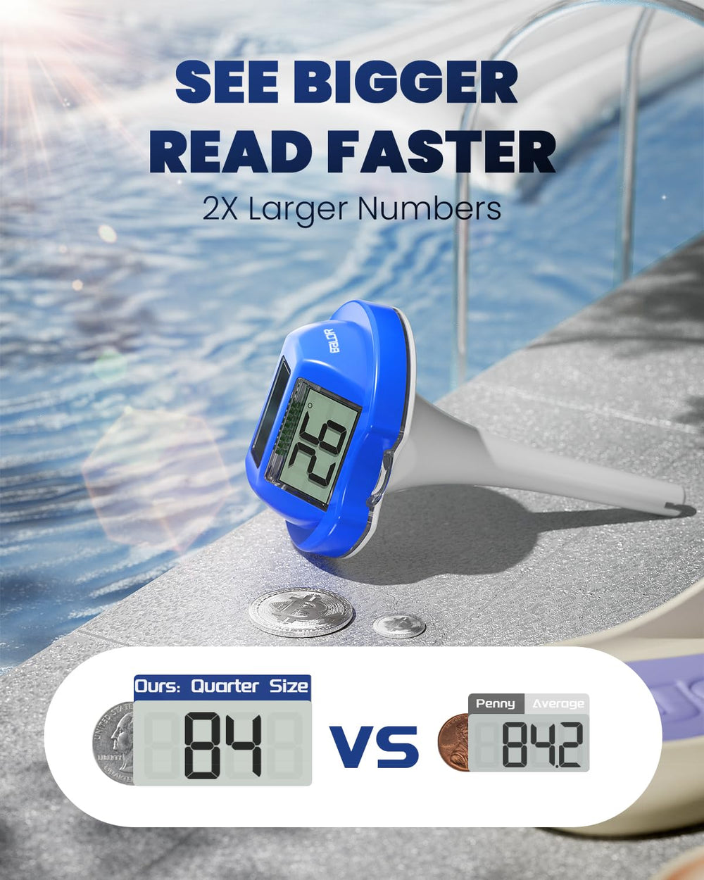 Baldr Pool Thermometer side view illustrating solar panel