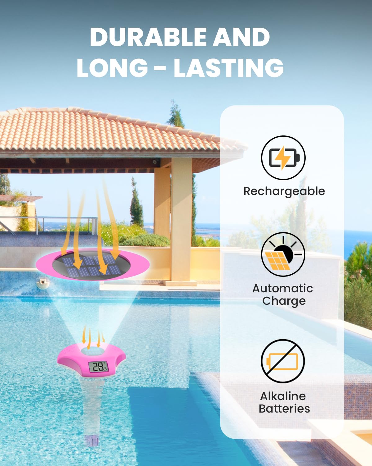 Baldr Pool Thermometer with a background of a hot tub