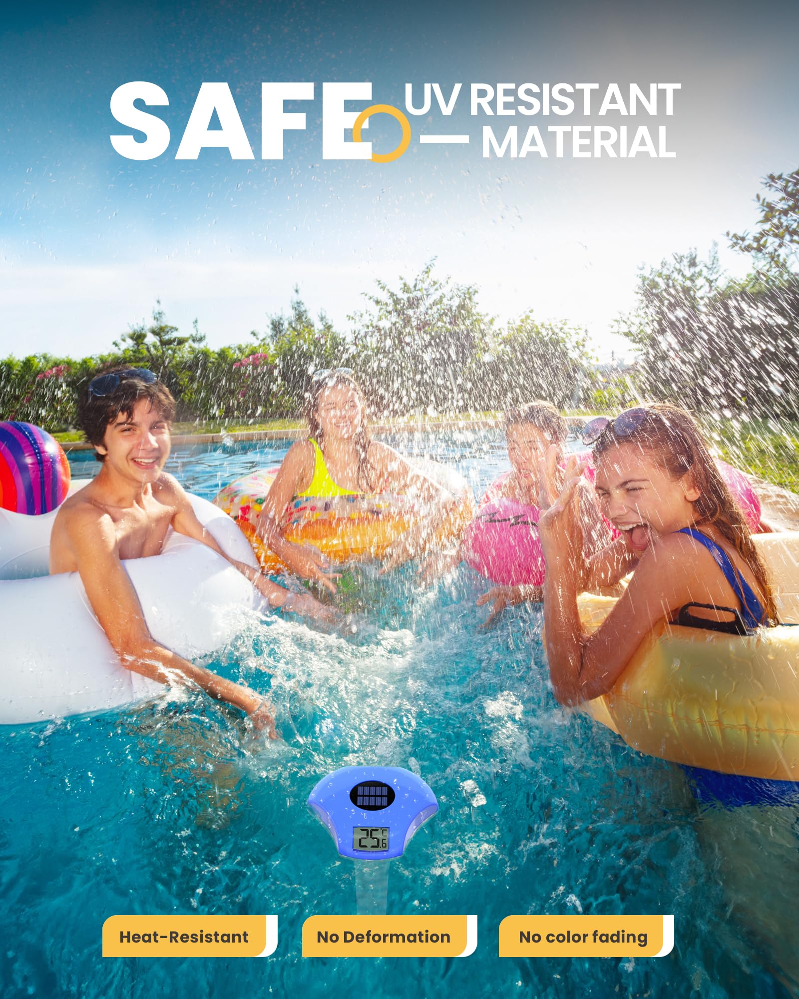 Baldr Solar Digital Pool Thermometer placed near a hot tub