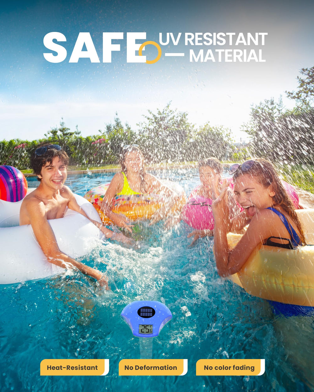 Baldr Solar Digital Pool Thermometer placed near a hot tub