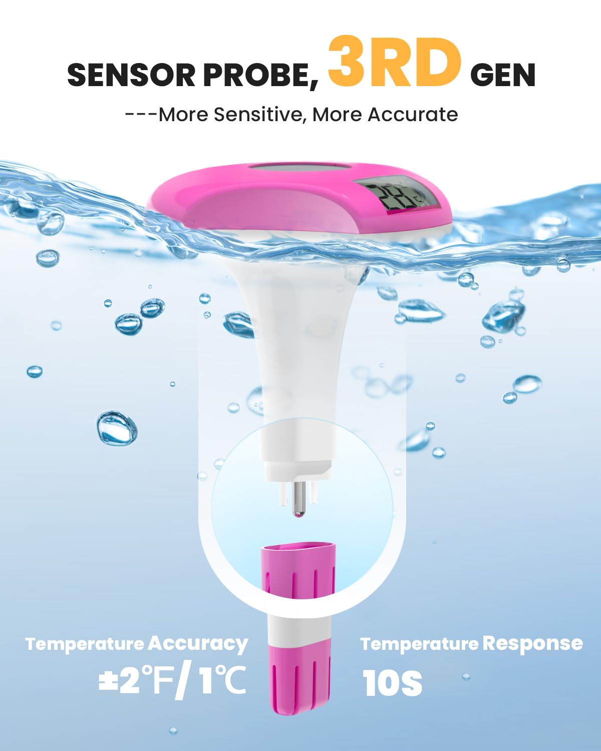 Baldr Solar Pool Thermometer floating in a clear swimming pool
