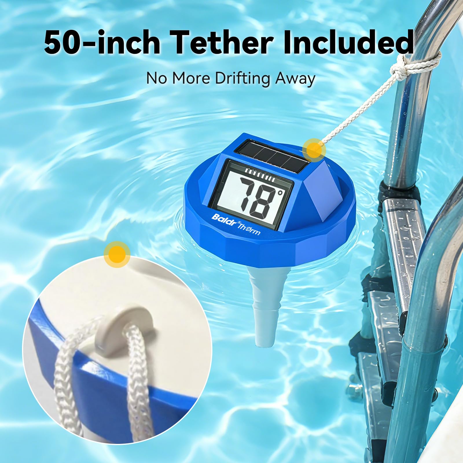 BaldrTherm Pool Thermometer floating in a garden pond
