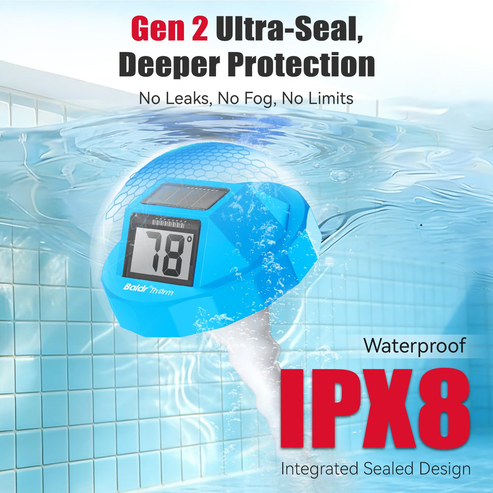 BaldrTherm Pool Thermometer showing temperature in a hot tub