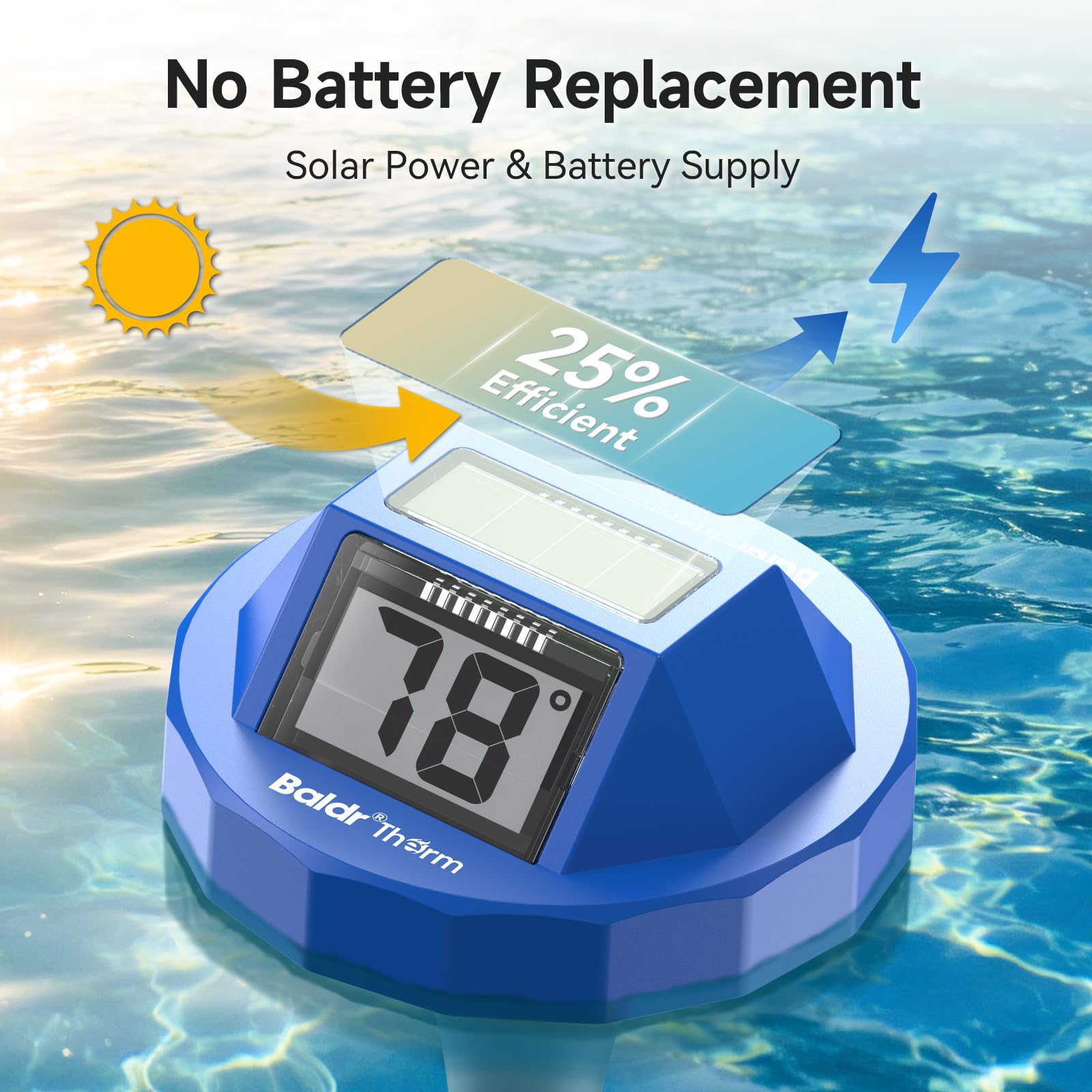 BaldrTherm Pool Thermometer showing temperature with solar panel
