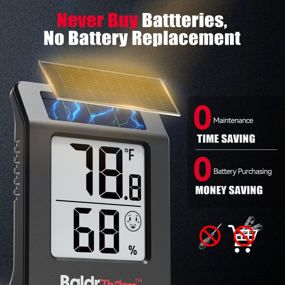 BaldrTherm Solar-Powered thermometer display with temperature and humidity readings