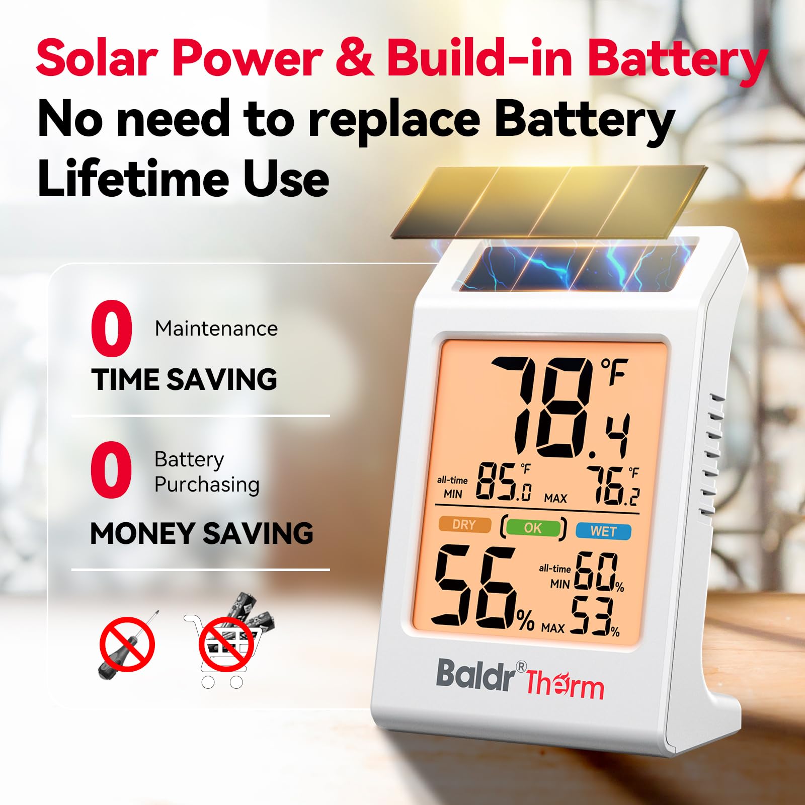 BaldrTherm thermometer with solar panel and battery backup