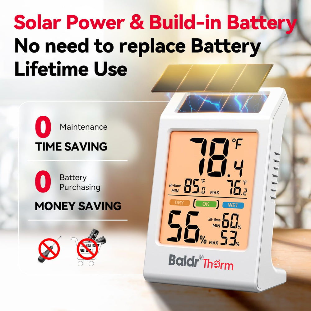 BaldrTherm thermometer with solar panel and battery backup