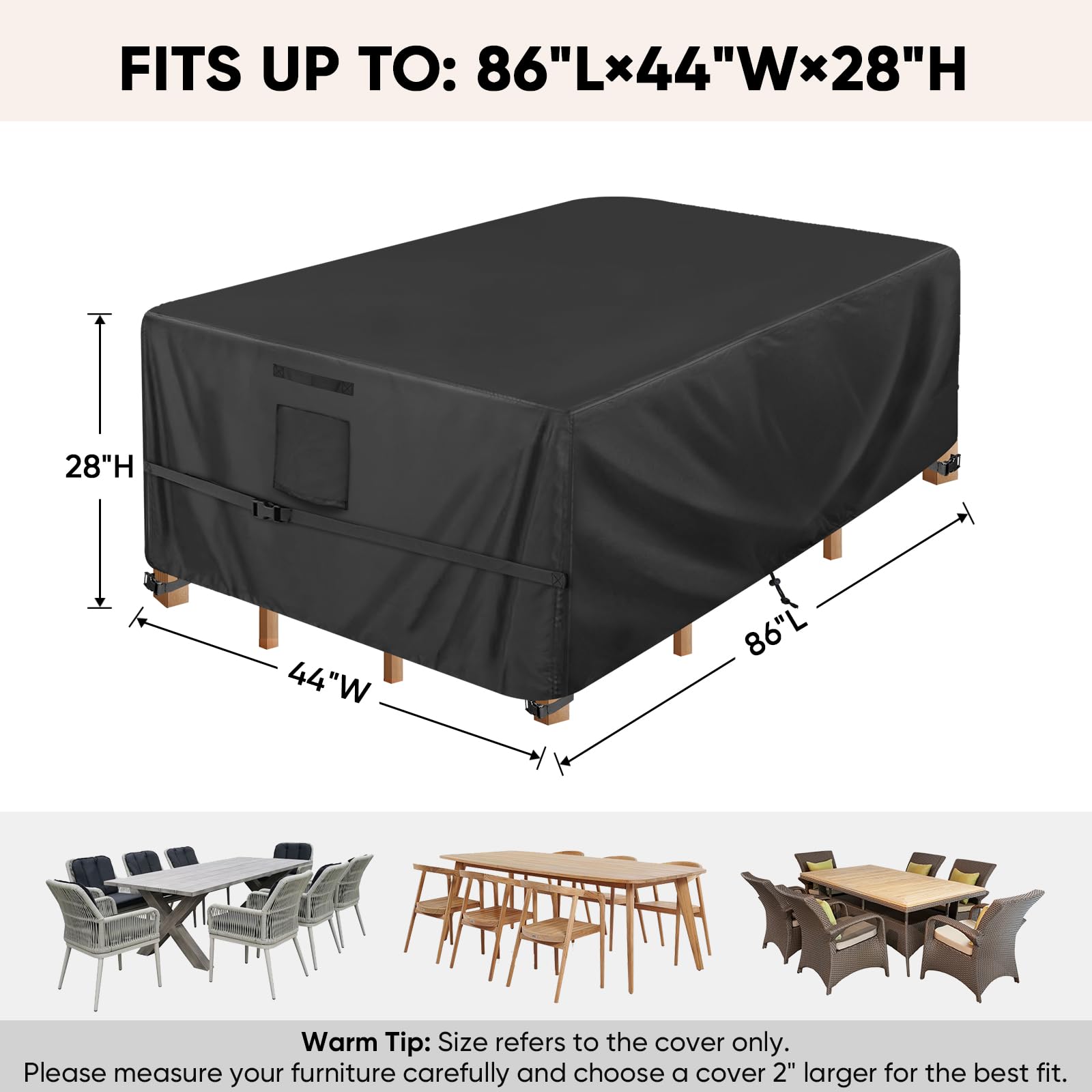BALEINE patio furniture cover side view showing straps