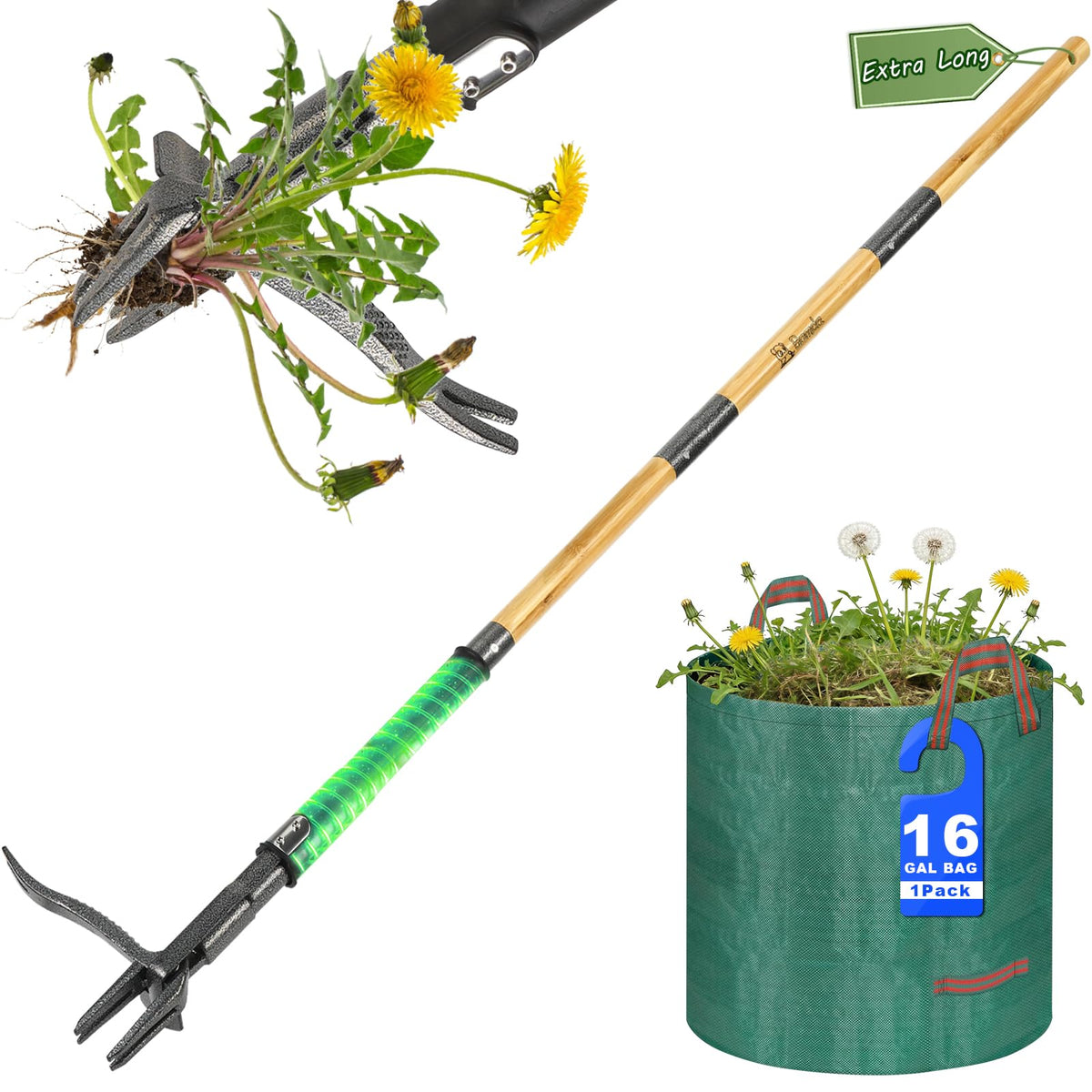 Bamda Weed Puller Tool front view with bamboo handle