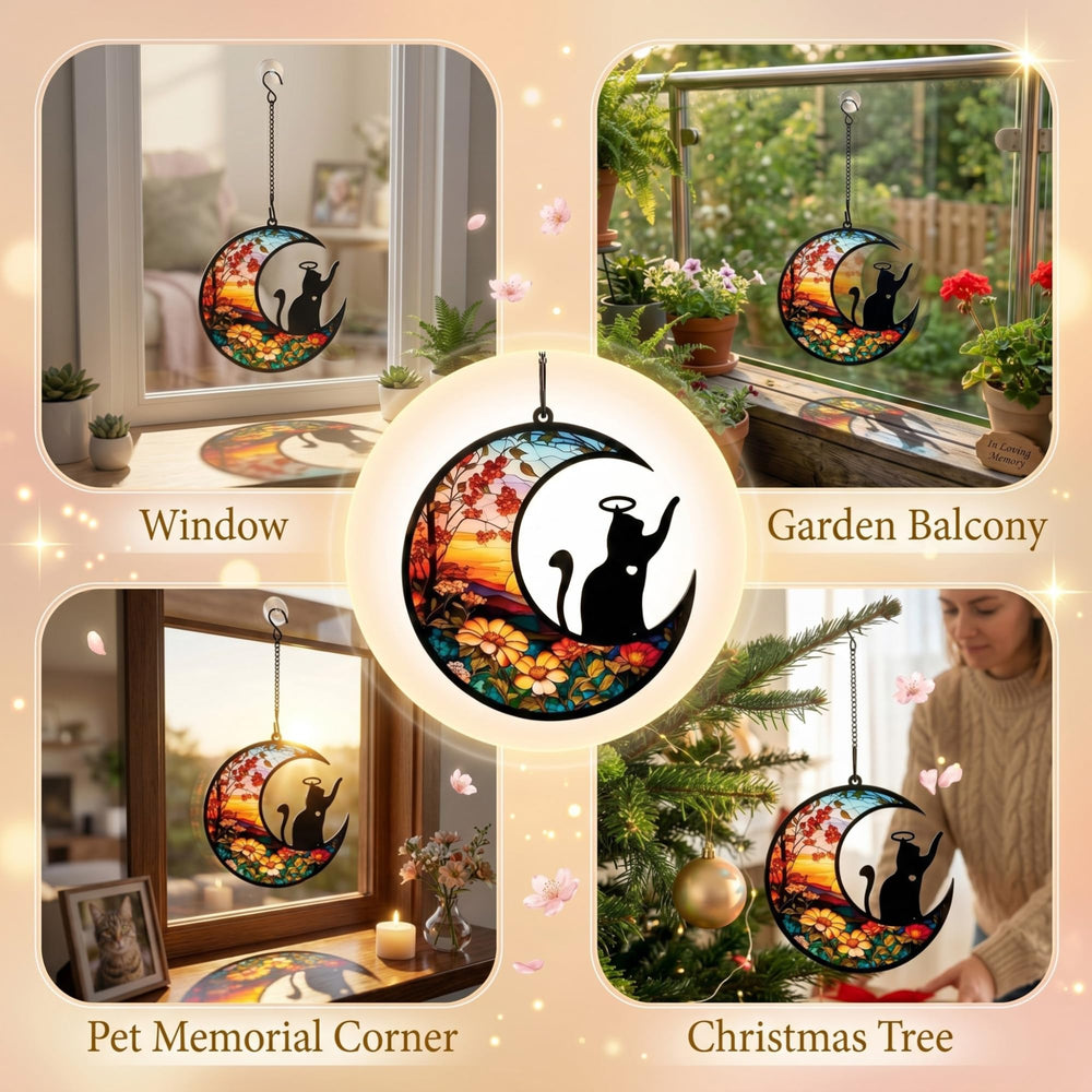 BamLue Cat Memorial Suncatcher displayed in a sunny window
