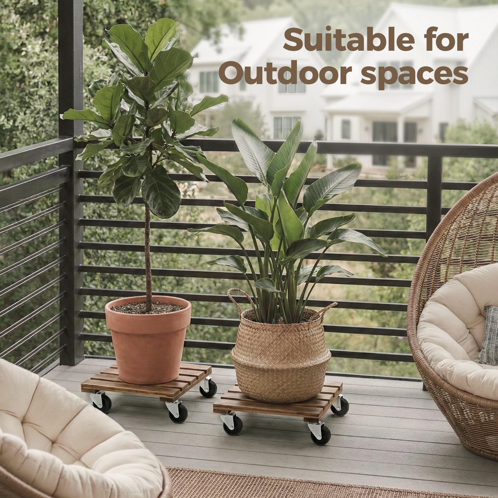 Bamworld 12-inch plant caddy showcasing its acacia hardwood finish