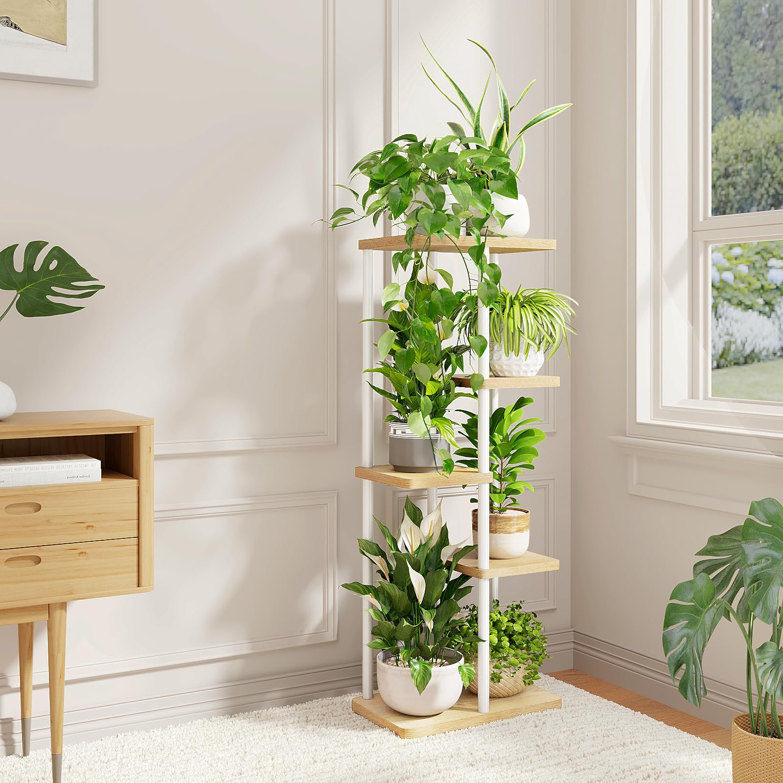 Bamworld 5 Tier Corner Plant Stand showcasing flowers and decor