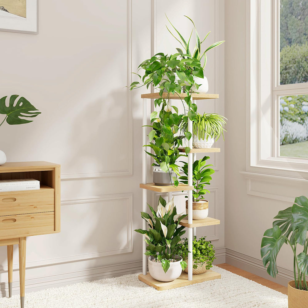 Bamworld 5 Tier Corner Plant Stand showcasing flowers and decor