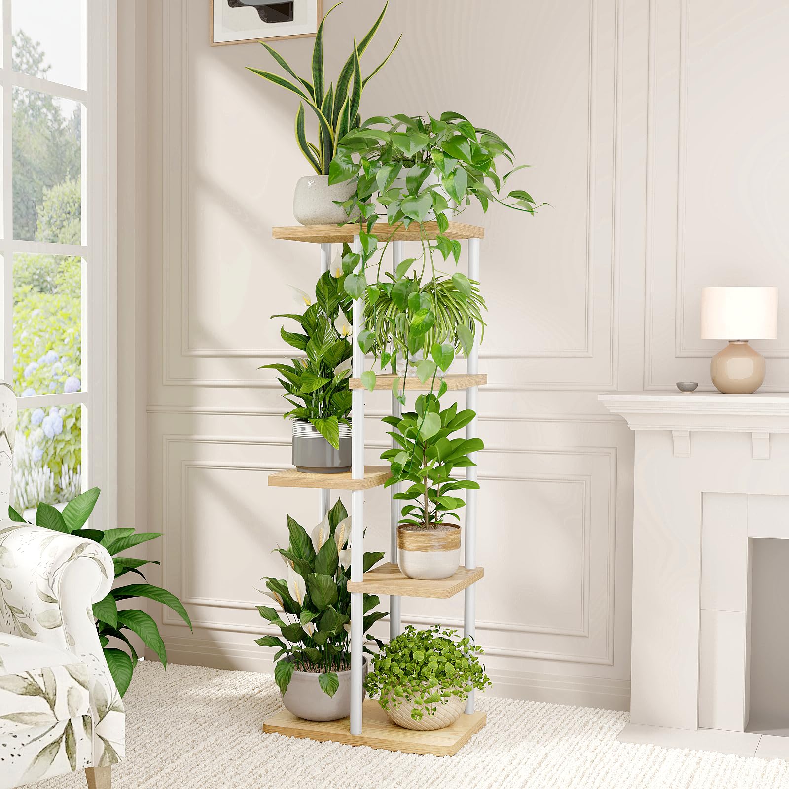 Bamworld 5 Tier Corner Plant Stand side view with plants