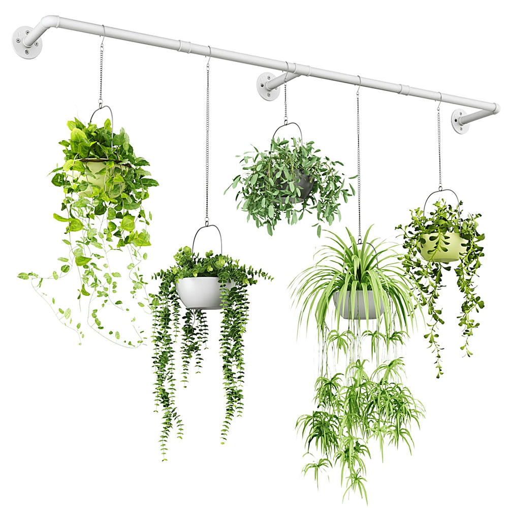Bamworld 70-inch white metal rod plant hanger front view