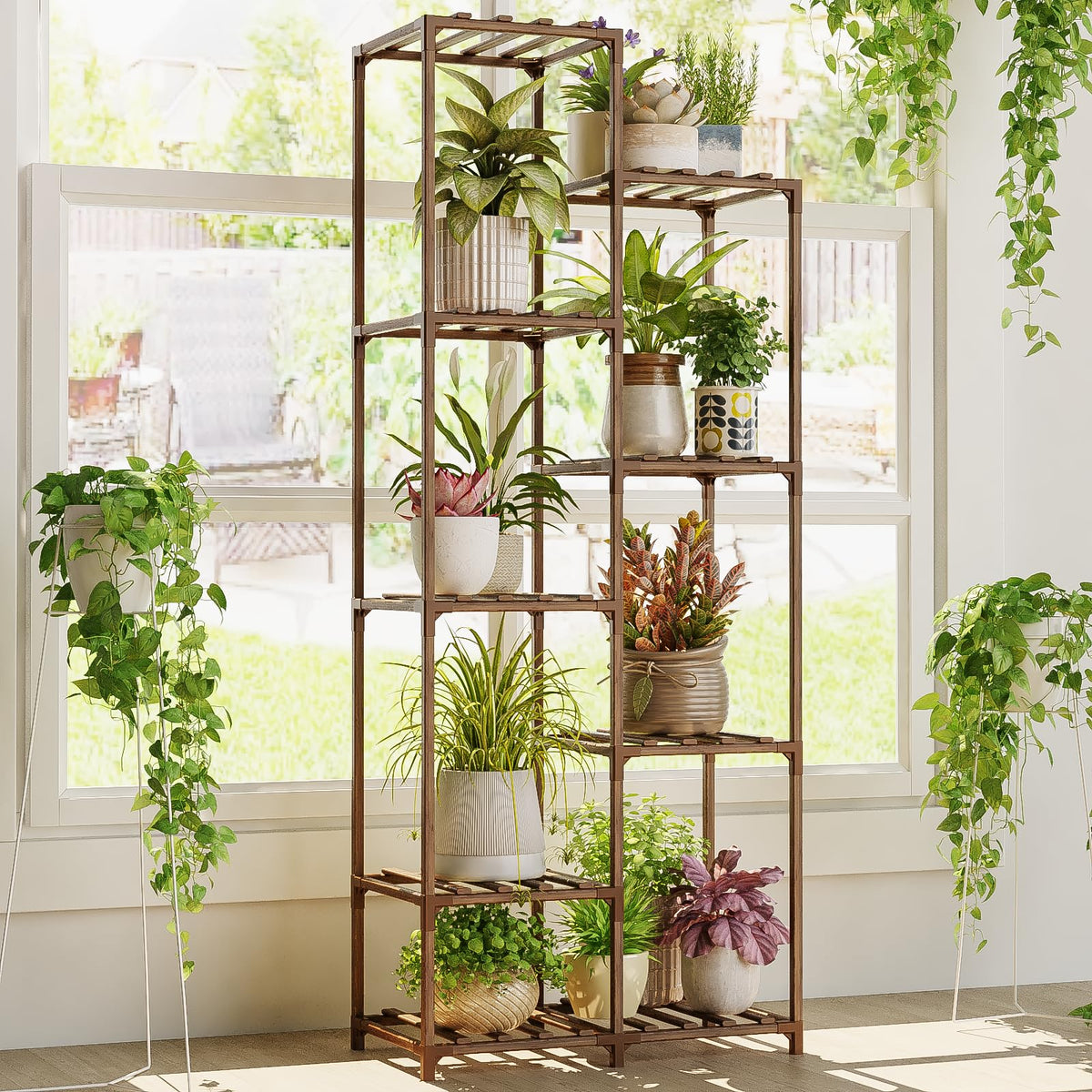 Bamworld 9 Tier Tall Plant Stand front view in brown