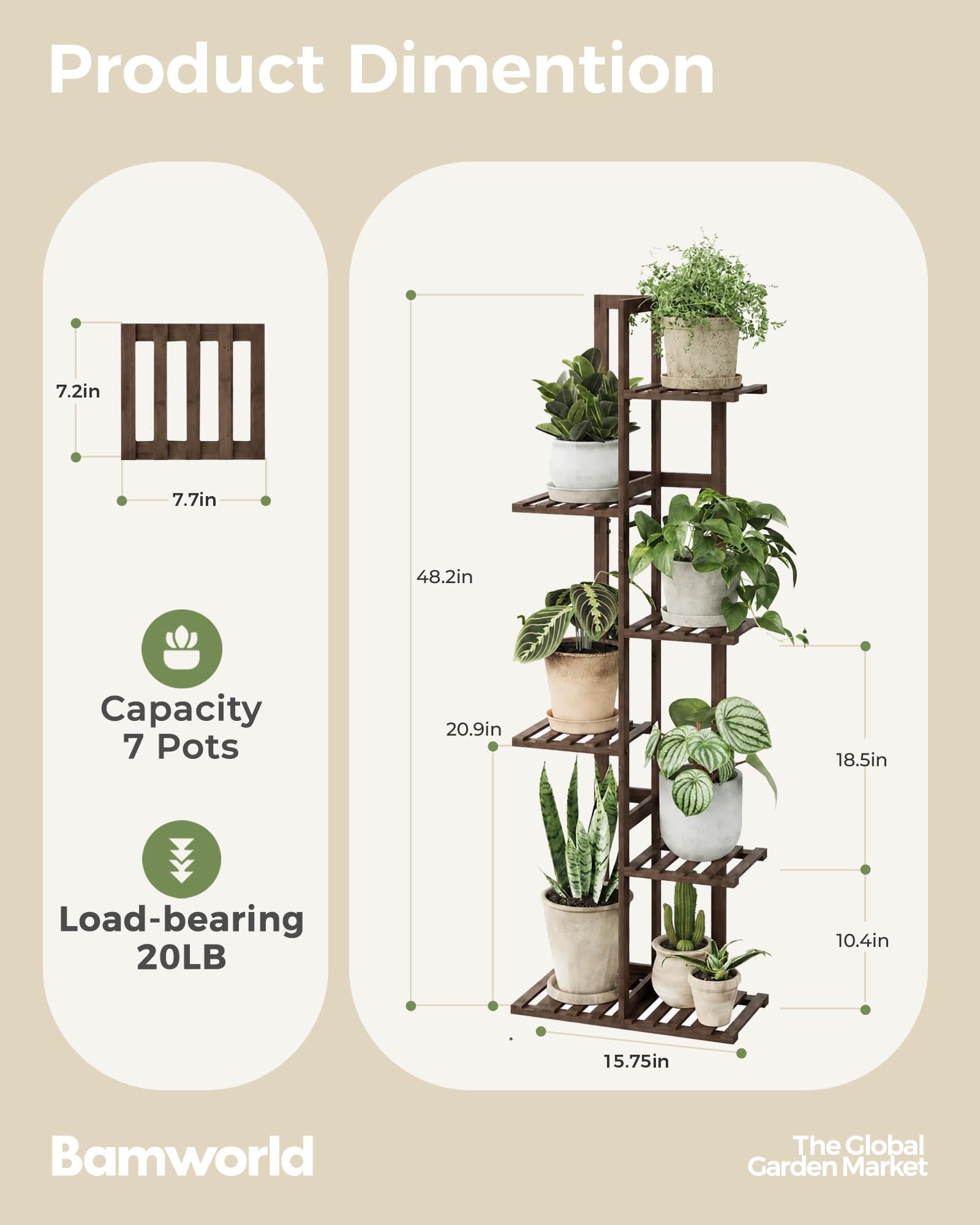 Bamworld Bamboo Plant Stand with plants arranged on tiered shelves